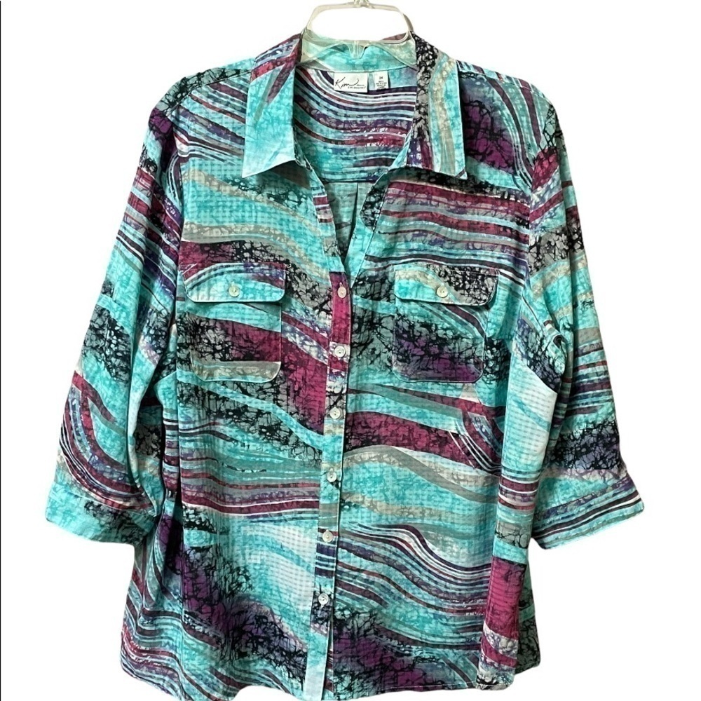 Kim Rogers V-neck 3/4 Sleeve Blouse Wave Print teal/plum women’s 3X